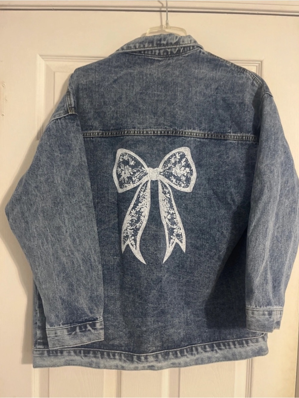 Lace bow oversized denim jacket, size medium